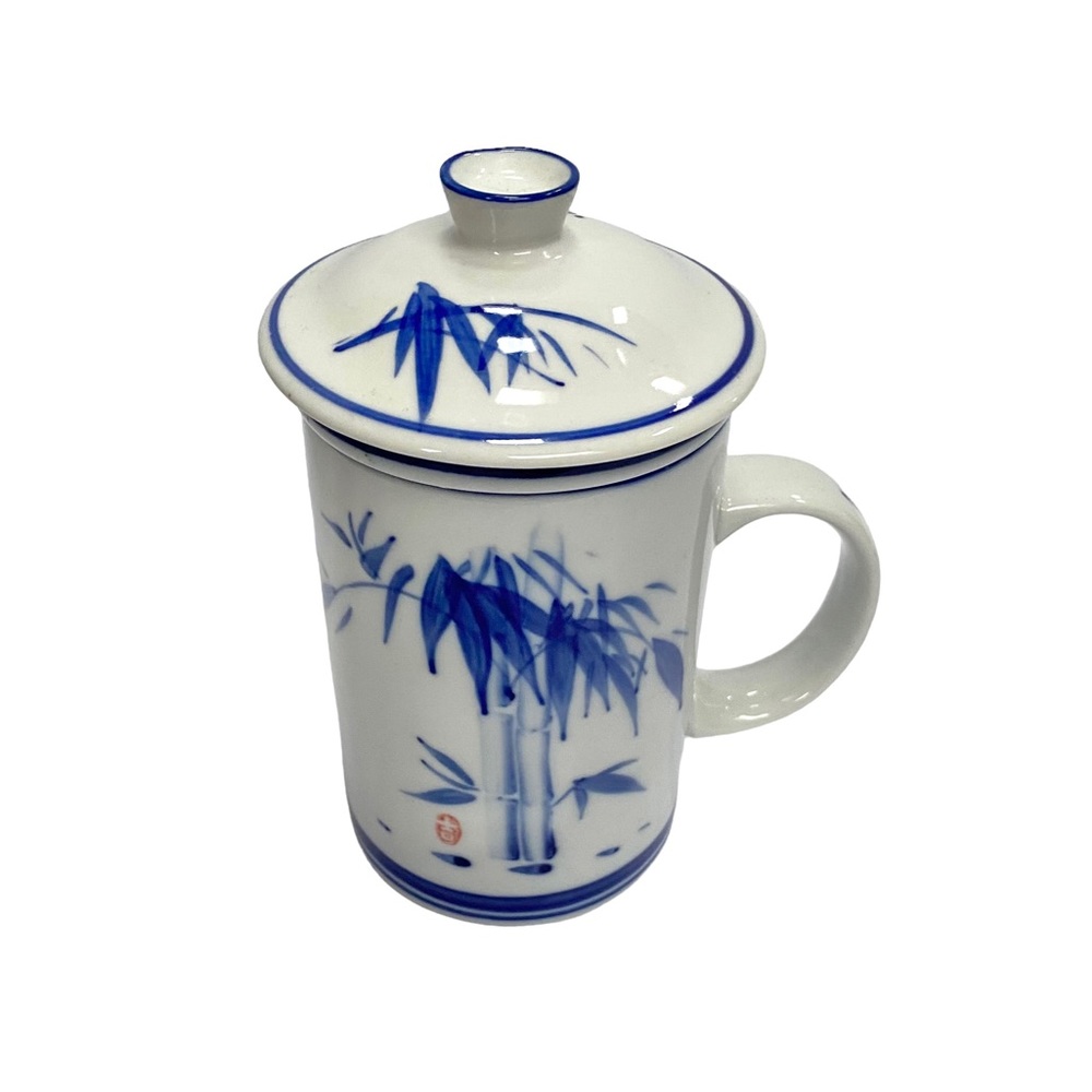 World Market 3 Pc Tea Cup Mug Strainer Lid Set Blue White Ceramic China - EUC